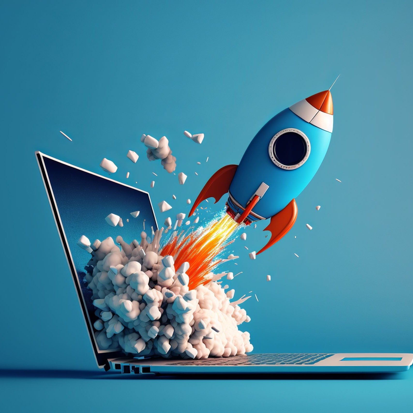 Rocket coming out of laptop screen, blue background. AI digital illustration